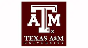 A maroon and white logo for texas am university.