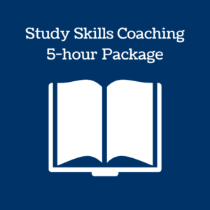 A book is open on the table and has text that says " study skills coaching 5-hour package ".