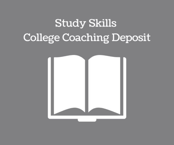 Book icon in gray background and text: Study Skills College Coaching Deposit