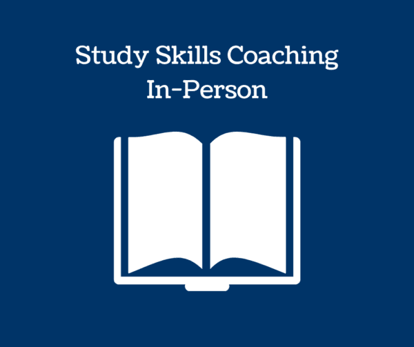Book icon and text: Study Skills Coaching In-Person