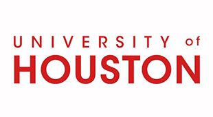 A red and white logo for university houston.