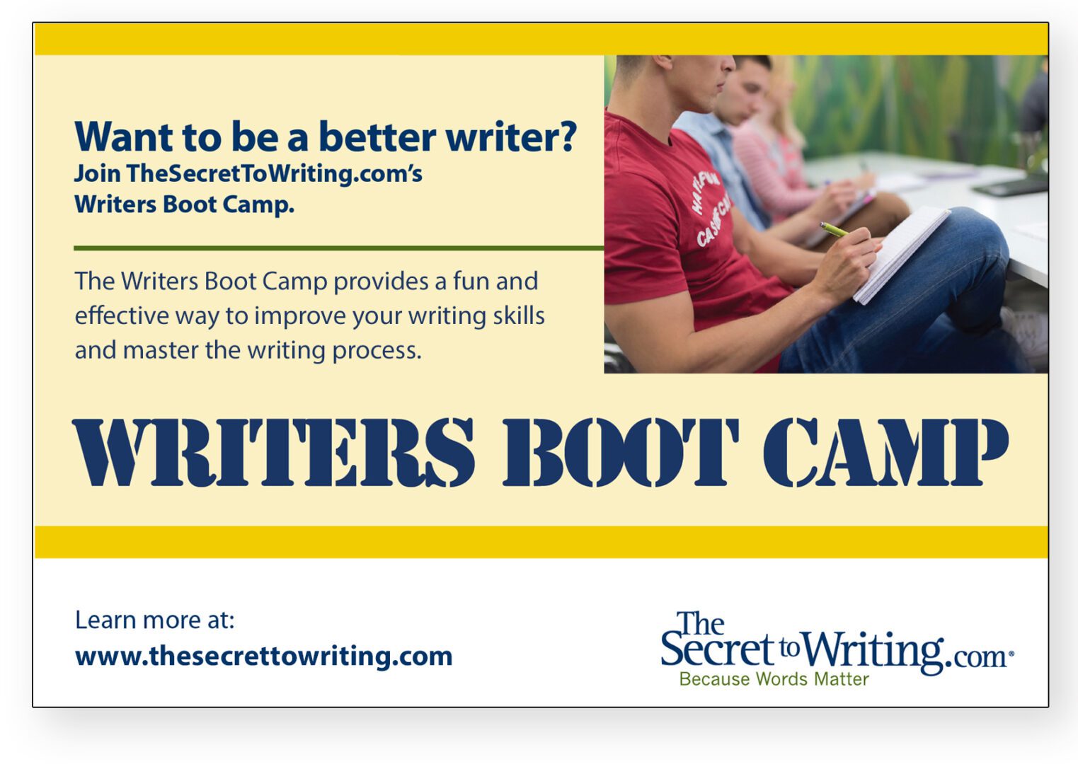 A poster advertising the writers boot camp.