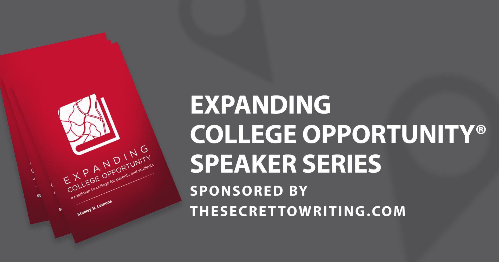 A red book with the words expanding college opportunities speaker series on it.