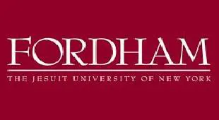 A red and white logo for fordham university.