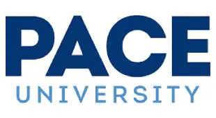 A blue and white logo of pace university.