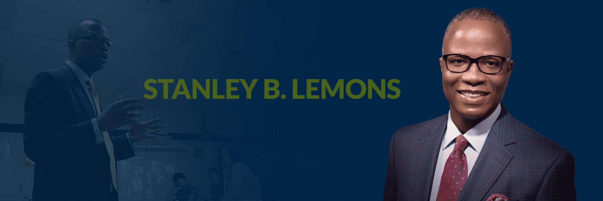 A blue background with the words stanley b. Lemons